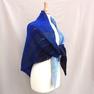 Blue Gradient Shawl Wrap Hand Knit Lace Ombre Stripes Cotton Alpaca Wool SOFT
